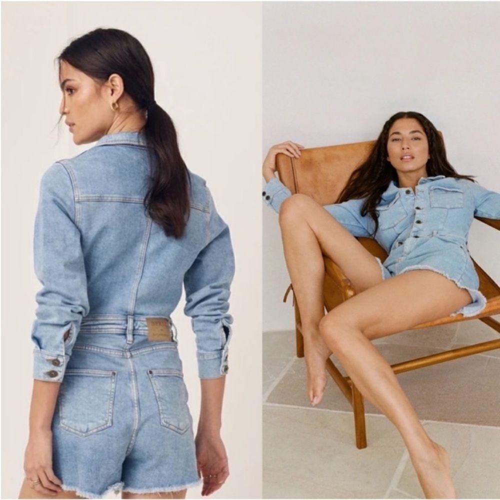 NWT Spell & The Gypsy x Outland Denim Jean Stretch Romper Playsuit S Long Sleeve - Picture 2 of 8